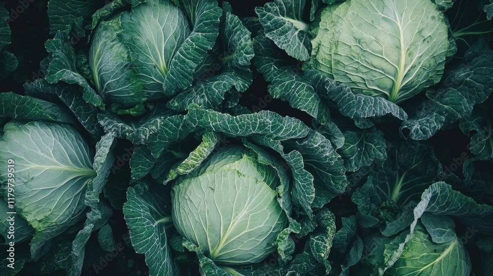 Obraz premium A garden bed filled with large, leafy cabbages ready for harvest, capturing the natural beauty of organic farming