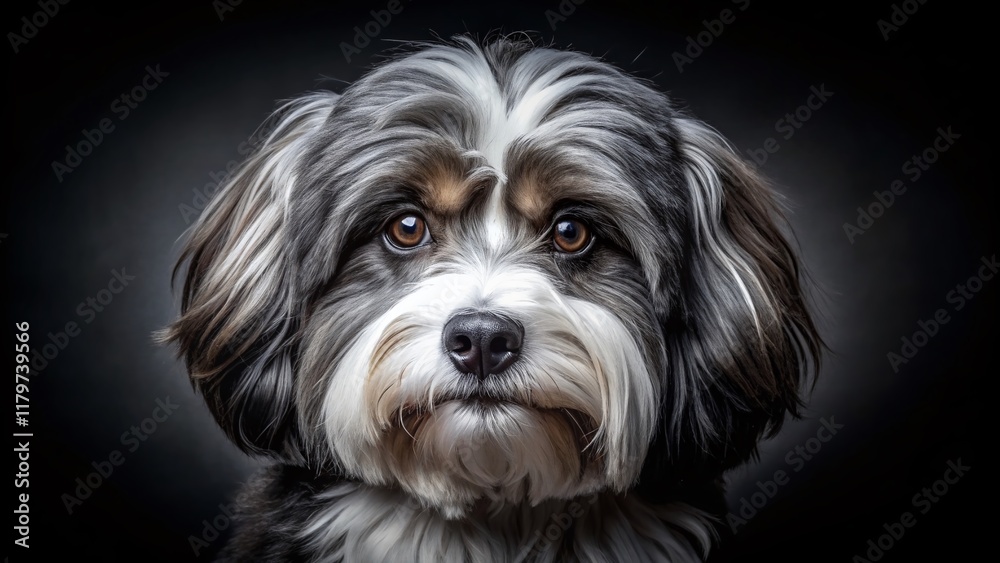 Low Light Black and White Havanese Dog Portrait Low Light Black and White Havanese Dog Portrait