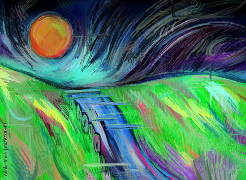 Unusual digital art drawn with texture brushes. Milticolor dreamy landscape with hills and river photo