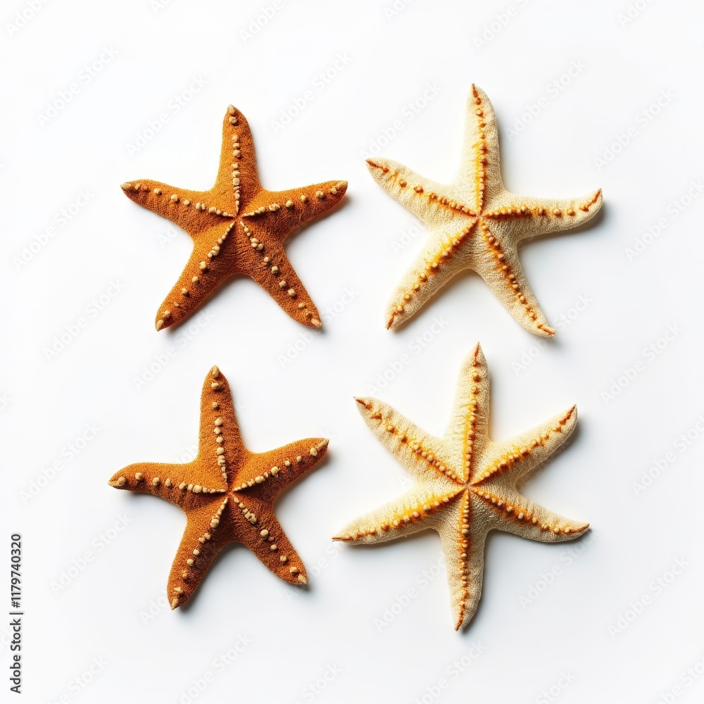 Four starfish on white background two orange two light yellow Four starfish on white background two orange two light yellow