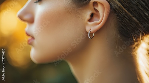 A profile shot focusing on a woman's ear wearing small diamond hoop earrings, with subtle bokeh in the background to enhance the elegance of the jewelry photo