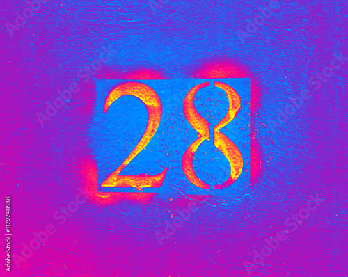 Bright number 28 on blue and purple background. Twenty-eight on textured surface  photo