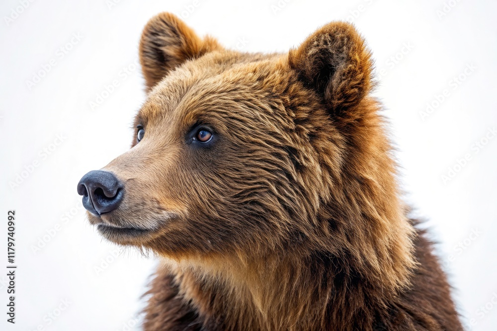 Fototapeta premium A captivating drone shot: a young brown bear, perfectly isolated against a pristine white background.