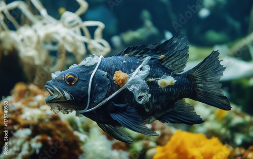  a fish struggling while entangled in plastic bags and floating trash