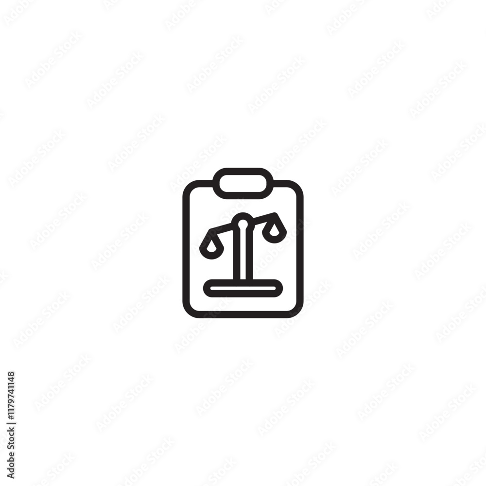 The image is a line drawing of a clipboard with a scale symbol inside. The clipboard is a simple, flat vector logo that is perfect for use in a variety of contexts, such as websites, apps, and print m The image is a line drawing of a clipboard with a scale symbol inside. The clipboard is a simple, flat vector logo that is perfect for use in a variety of contexts, such as websites, apps, and print m