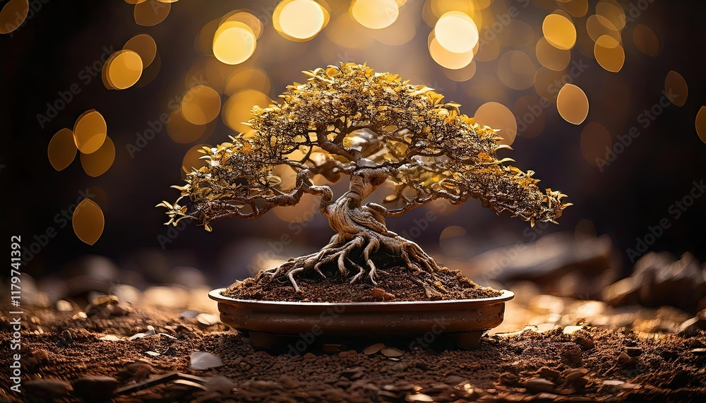 Climate change, symbolized by a Bonsai tree from on dry earth