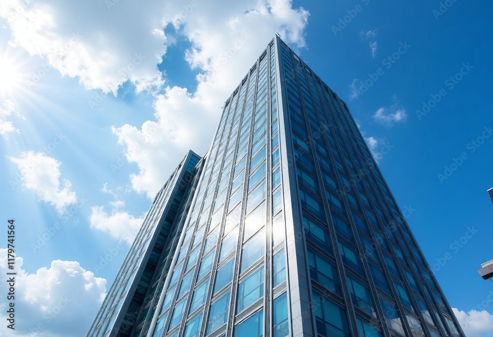Fototapeta premium Glass building with sun rays and clouds