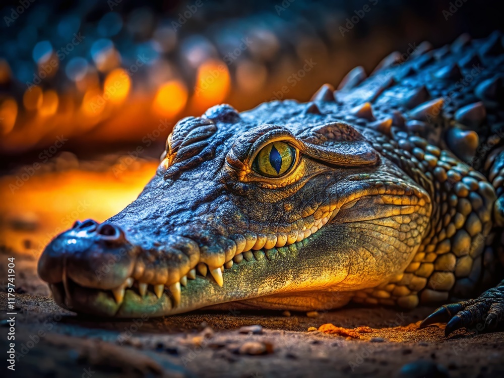 Obraz premium Low Light Crocodile Portrait: Reptilian Gaze in Darkness