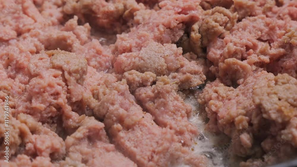 Minced chicken is fried in a frying pan in vegetable oil. Medium shot. Minced chicken is fried in a frying pan in vegetable oil. Medium shot.