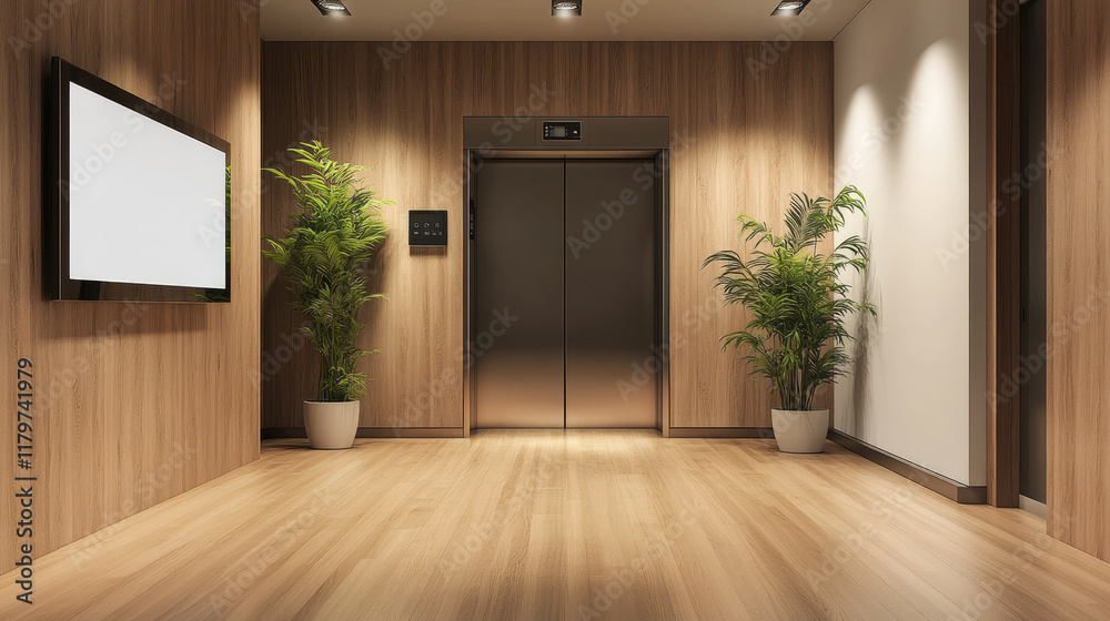 Realistic elevator with open door and TV screen on wall in office or modern hotel hallway, empty lobby interior with lift, wooden floor and blank display, indoor transportation 3d vector illustration