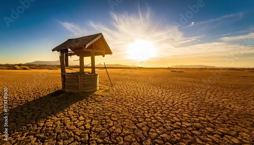 An Old Well stands on drought Soil in the desert. A Symbol for Climate Change.