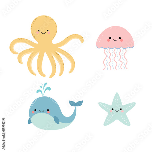 Set of cute cartoon inhabitants of the underwater world: whale, starfish, octopus, jellyfish. Vector illustration for children. 
