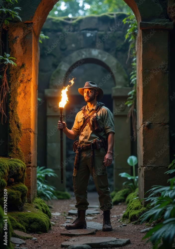 Adventurer explores ancient ruins with a torch in a lush jungle setting Adventurer explores ancient ruins with a torch in a lush jungle setting