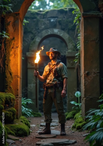 Adventurer explores ancient ruins with a torch in a lush jungle setting