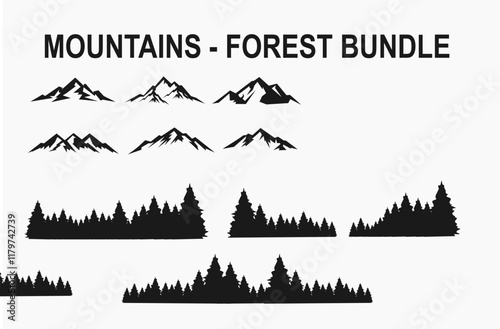 Mountains Range Bundle with Forest Vector Design. Silhouette Adventure, Travel, Outdoor, Nature Design Logo