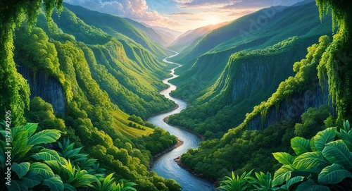 A deep lush valley with a winding river and rich green foliage