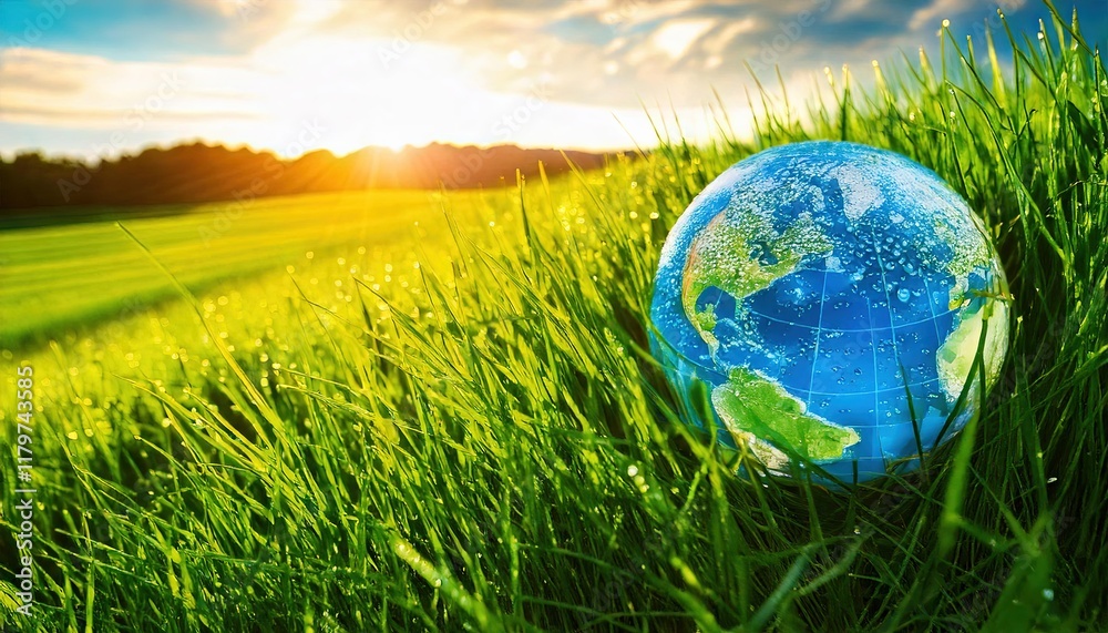Climate Change, a globe revealed by a drop of water lies in green gras Climate Change, a globe revealed by a drop of water lies in green gras