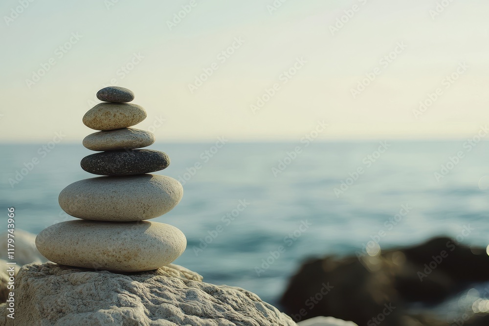 Harmony and equilibrium Stone balance by the ocean Zen stones as scales Harmony and equilibrium Stone balance by the ocean Zen stones as scales