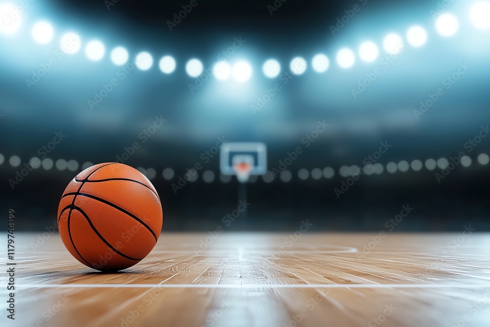 Basketball on a wooden court under bright arena lights, creating a dramatic and competitive atmosphere. Ideal for sports-themed projects and athletic inspiration. Basketball on a wooden court under bright arena lights, creating a dramatic and competitive atmosphere. Ideal for sports-themed projects and athletic inspiration.