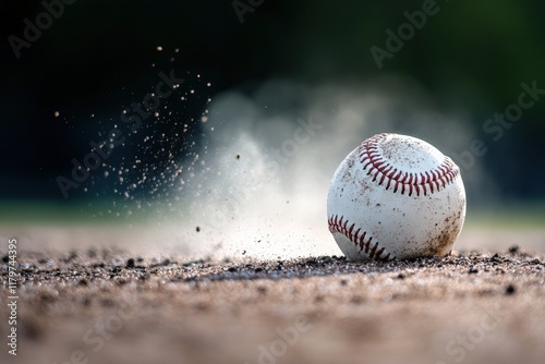 A baseball lying on the pitchers mound with dust around it. photo