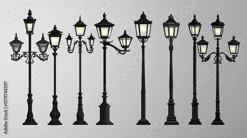 Vintage street lamps, black iron lantern on post. Vector realistic set of retro street lights, old lamps in victorian style for city road or park isolated on transparent background