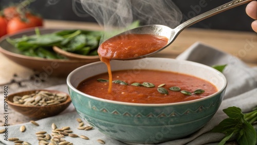 A closeup of a sful of tomato soup with the s held just above the bowl displaying a velvety texture and the vibrant color of the soup. The surrounding setting is adorned photo