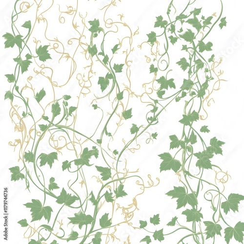 An elegant illustration of vines and leaves that curl and spread gracefully on a clean white background. The vines form a delicate organic pattern, their soft green leaves varying in size, with intric