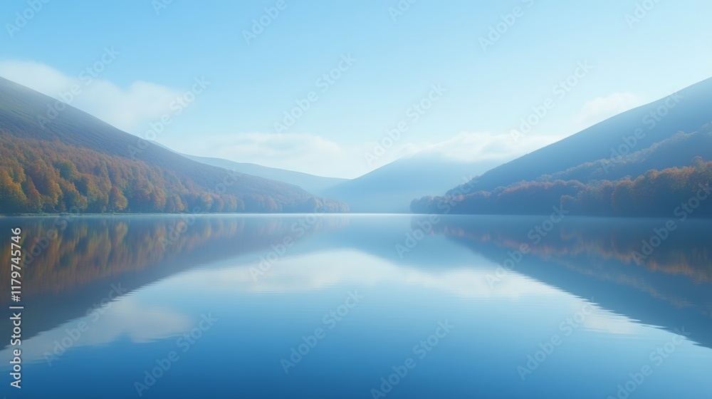 Autumn Tranquility Serene Lake Reflections Amidst Misty Mountains, Tranquil Nature Scene Autumn Tranquility Serene Lake Reflections Amidst Misty Mountains, Tranquil Nature Scene