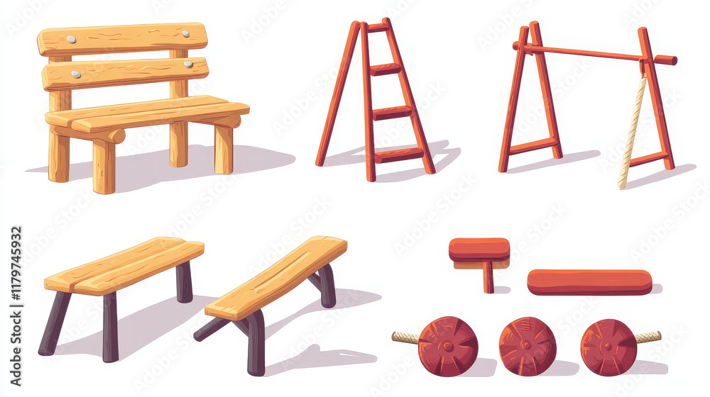 Outdoor street gym in park with fitness equipment for workout and training cartoon vector training isolated set. Adult sports icon with wooden bench, ladder and red metal illustration collection Outdoor street gym in park with fitness equipment for workout and training cartoon vector training isolated set. Adult sports icon with wooden bench, ladder and red metal illustration collection