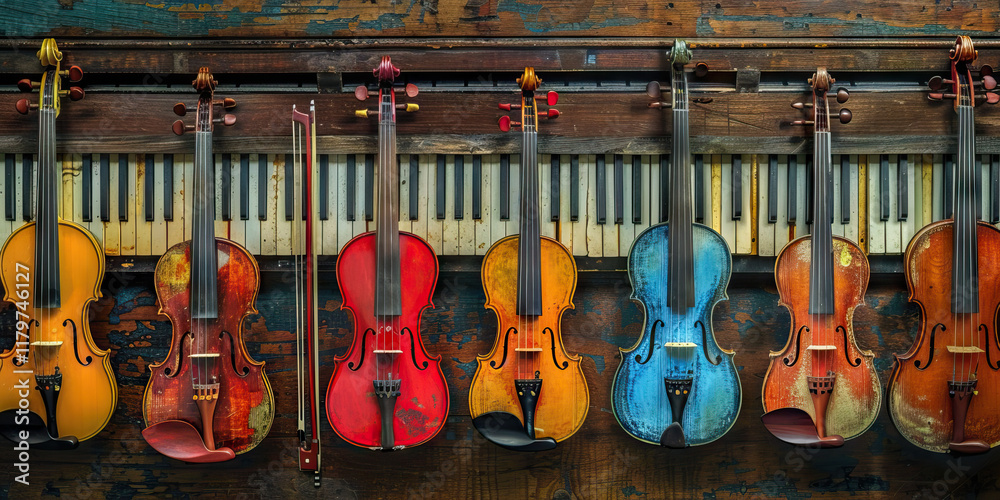 Naklejka premium Eight Violins and Piano Keyboard on Wooden Surface