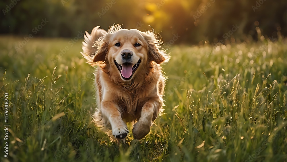 Happy Golden Retriever Running Through a Field at Sunset Happy Golden Retriever Running Through a Field at Sunset