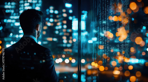 Wallpaper Mural businessman gazes at vibrant city skyline illuminated by lights, reflecting on opportunities Torontodigital.ca