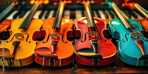 Four Violins in Orange, Red, and Teal photo