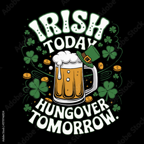 St. Patricks Day, Beer Mug Leprechaun Hat, Shamrocks and Coins T-shirt Design