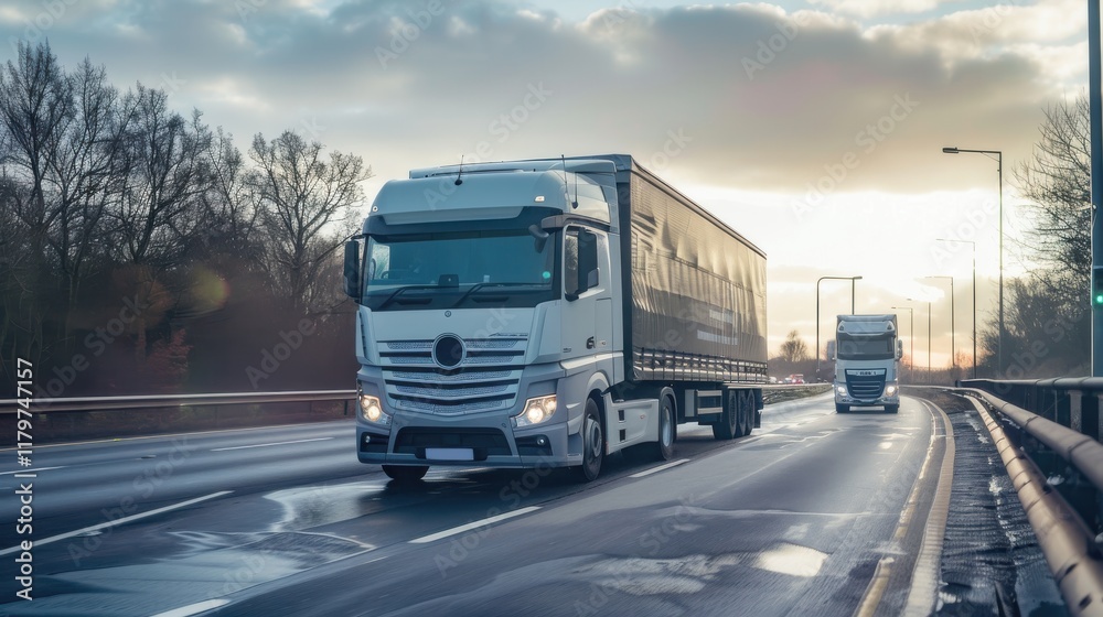 truck navigating a highway during sunset near an industrial area truck navigating a highway during sunset near an industrial area