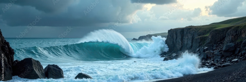 Furious waves crash against rugged Icelandic cliffs , north, coast Furious waves crash against rugged Icelandic cliffs , north, coast