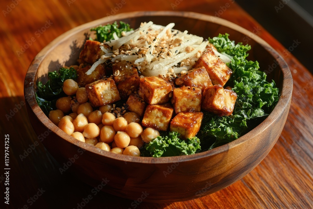 Kale and chickpea salad with teriyaki tofu in a wooden bowl Kale and chickpea salad with teriyaki tofu in a wooden bowl