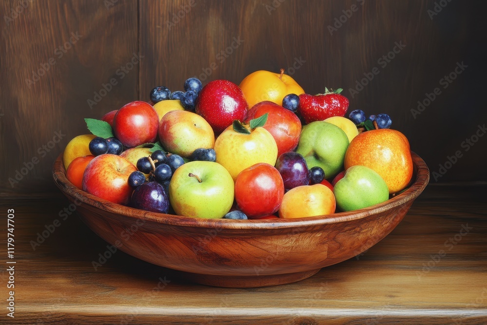 Large fruit bowl Salad Nutritious meal Wooden surface