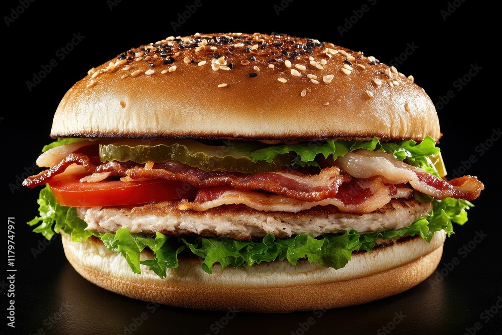 Large turkey burger with bacon lettuce and tomato Large turkey burger with bacon lettuce and tomato
