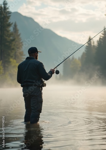 Man fishing in a misty river surrounded by mountains at sunrise