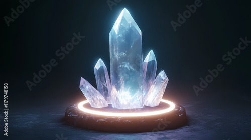 Glowing crystal on a circular base emitting light. Glowstone. Illustration photo