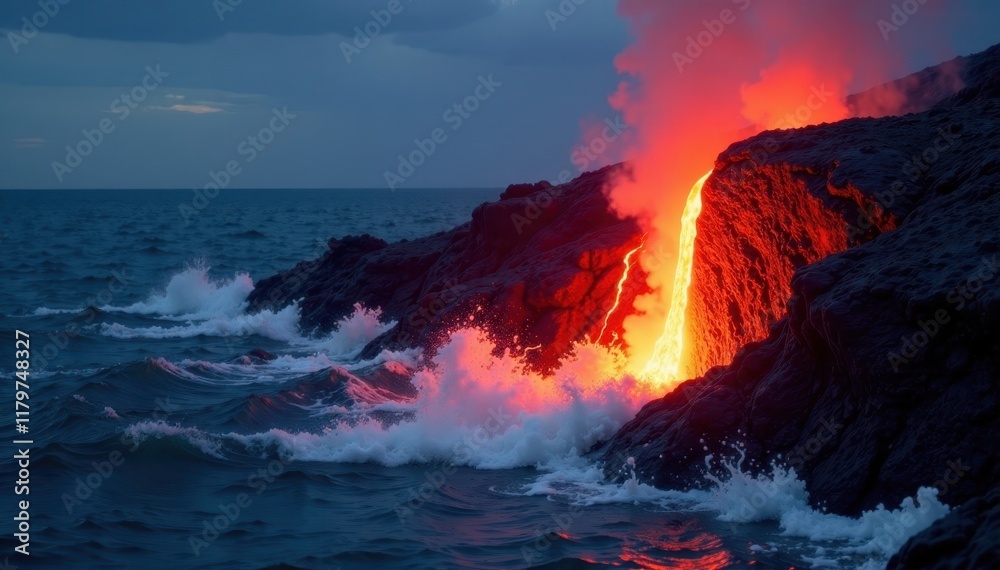 Fototapeta premium Red-hot lava bursts from Stromboli's vent, glowing against the dark sea , rock, water