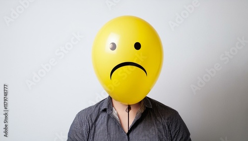 Anonymous man with sad yellow balloon instead of head. Portrait showing sadness, isolated on white background. photo