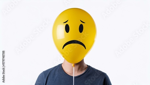 Anonymous man with sad yellow balloon instead of head. Portrait showing sadness, isolated on white background. photo