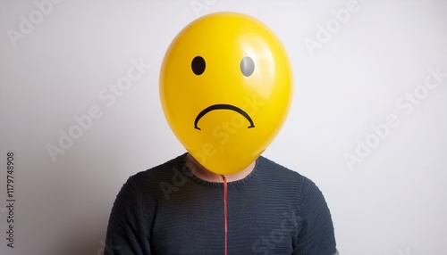 Anonymous man with sad yellow balloon instead of head. Portrait showing sadness, isolated on white background. photo