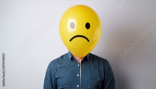 Anonymous man with sad yellow balloon instead of head. Portrait showing sadness, isolated on white background. photo