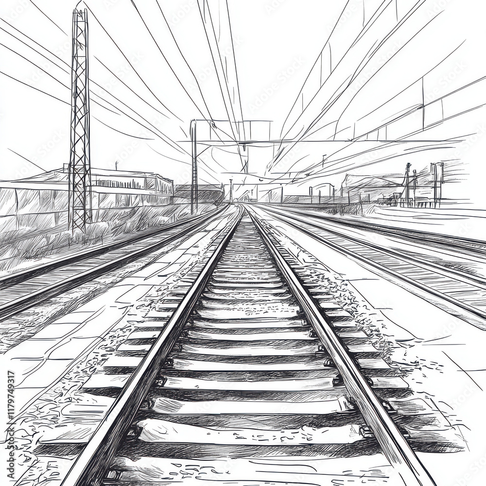 Railway Line Sketch: A detailed raster sketch of a railway line, showing tracks extending into the distance. Transparent background.