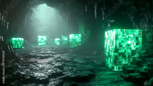 Glowing emerald blocks in dim cave environment. Glowstone. Illustration photo