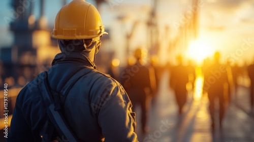 Construction Worker in Safety Gear with Hard Hat on Job Site Focused on Project Execution and Team Collaboration photo