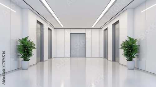 A modern, minimalistic hallway features elevators flanked by greenery, showcasing sleek design and bright lighting.